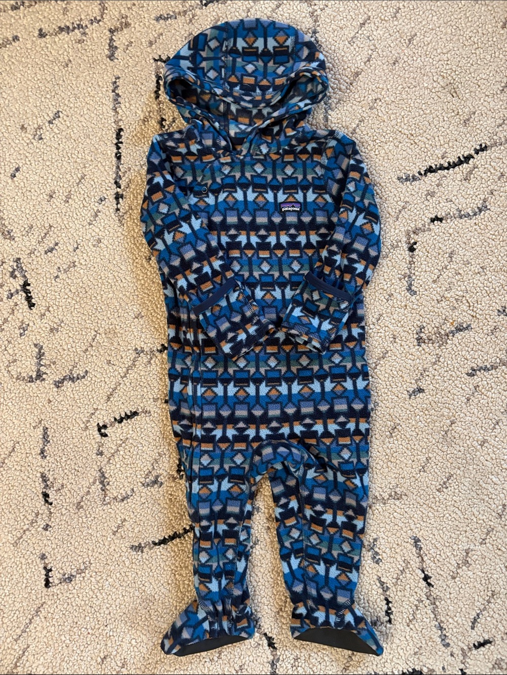 Patagonia Blue Geometric Hooded Fleece Romper 6-12m EUC